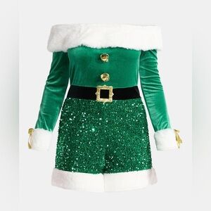No Boundaries Christmas Elf Romper with Faux Fur, Women’s